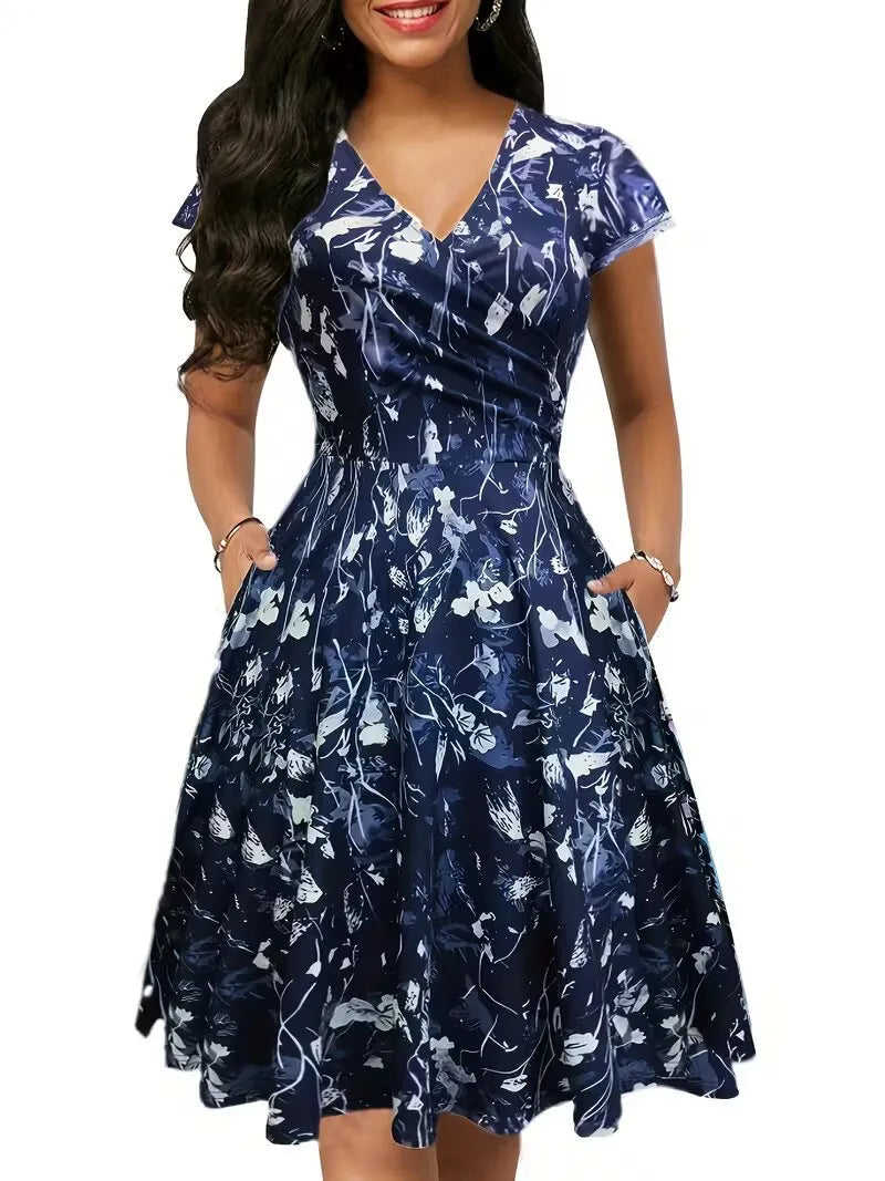 Women’s Floral V-Neck Waist Cinched Dress