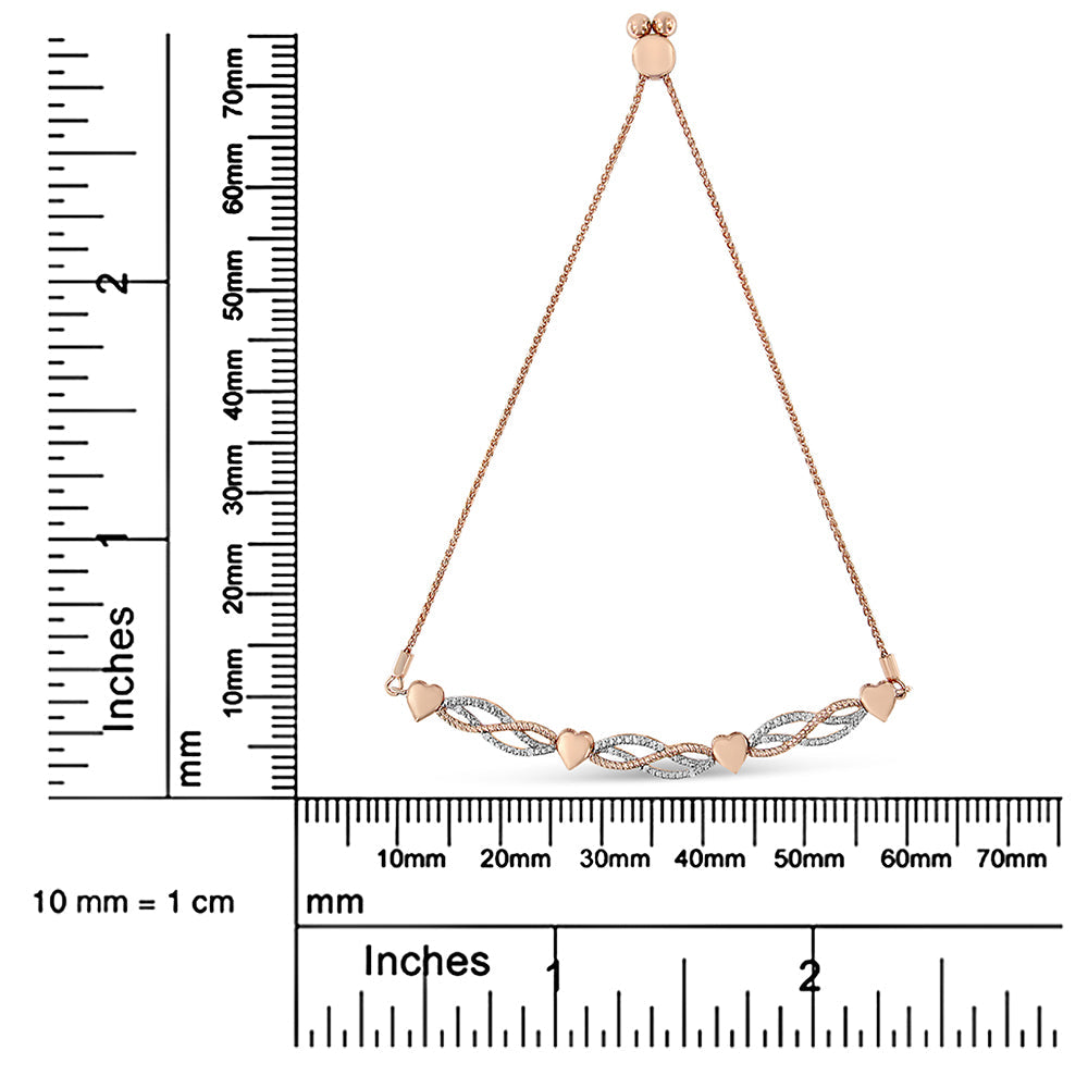 14K Rose Gold Plated .925 Sterling Silver Cttw Diamond Accent Layered Infinity Link and Heart Adjustable 4”-10” Bolo Bracelet (I-J Color, I3 Clarity)