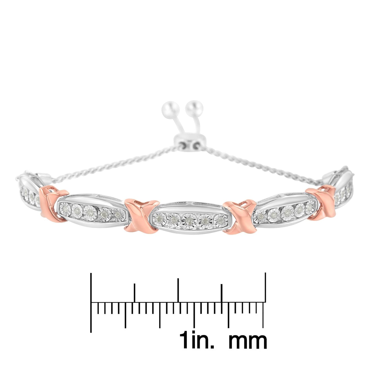 .925 Sterling Silver 1/4 CTTW Round-Cut Diamond X & Tapered Bar Miracle-Set Bolo Bracelet (I-J Color, I3 Clarity) – Two Tone Rose Gold & Silver