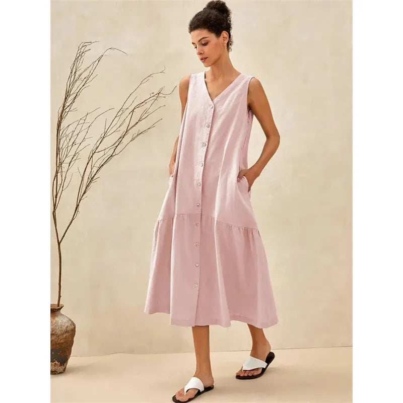 Women’s Sleeveless V-Neck Linen Blend Midi Dress