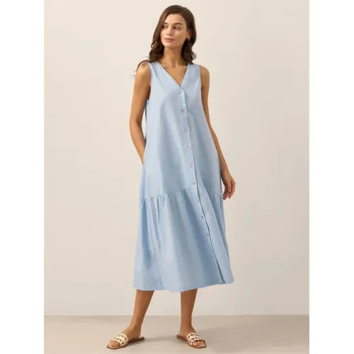 Women’s Sleeveless V-Neck Linen Blend Midi Dress