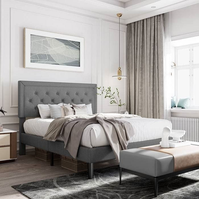 Full size Dark Grey Fabric Upholstered Platform Bed Frame with Tufted Headboard