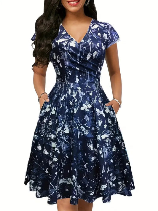 Women’s Floral V-Neck Waist Cinched Dress