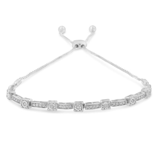 .925 Sterling Silver 1/4 Cttw Diamond 4”-10” Adjustable Bolo Alternating Square and Rectangle Bracelet (I-J Color, I3 Clarity)