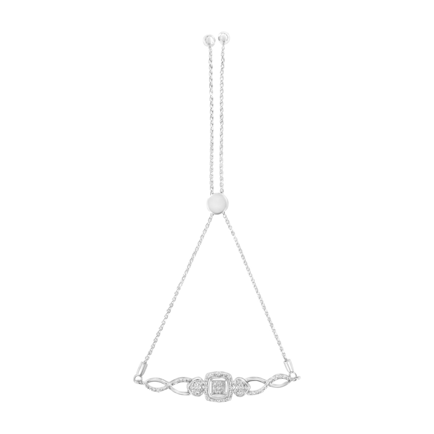 .925 Sterling Silver Diamond Cushion Frame Heart-Sides Twist 4”-10” Adjustable Bolo Tennis Bracelet (I-J Color, I3 Clarity)
