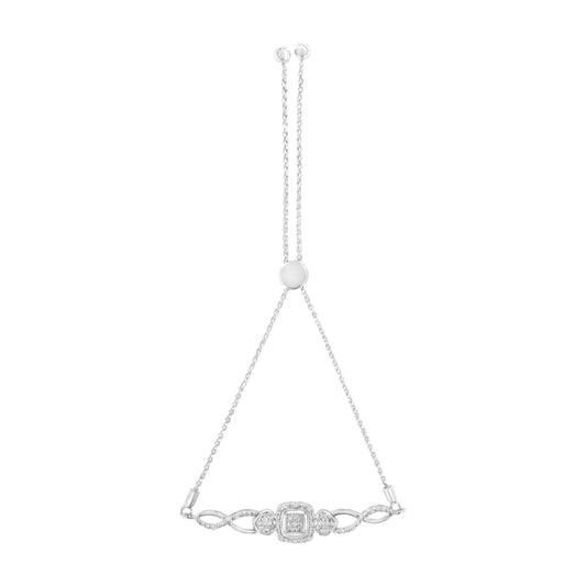 .925 Sterling Silver Diamond Cushion Frame Heart-Sides Twist 4”-10” Adjustable Bolo Tennis Bracelet (I-J Color, I3 Clarity)