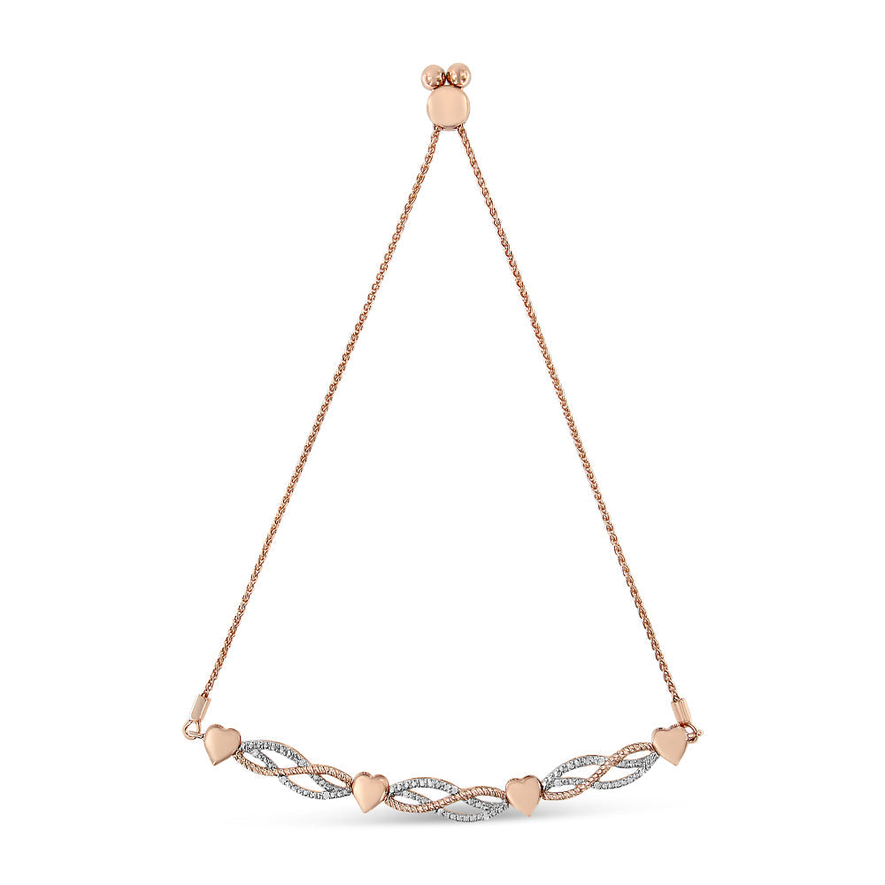 14K Rose Gold Plated .925 Sterling Silver Cttw Diamond Accent Layered Infinity Link and Heart Adjustable 4”-10” Bolo Bracelet (I-J Color, I3 Clarity)