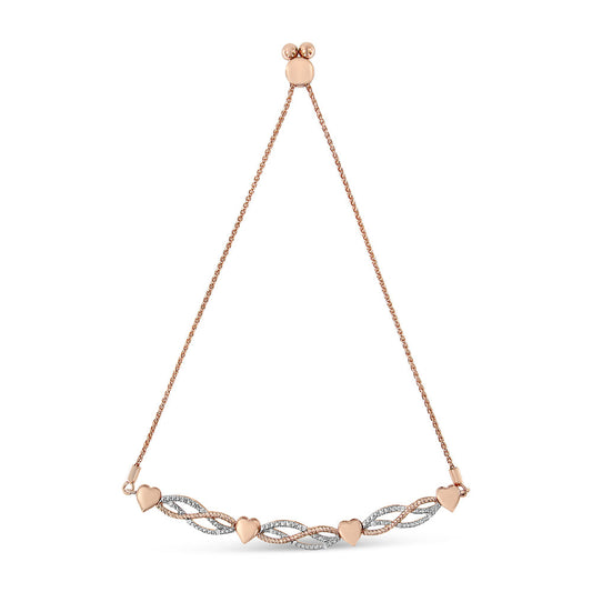 14K Rose Gold Plated .925 Sterling Silver Cttw Diamond Accent Layered Infinity Link and Heart Adjustable 4”-10” Bolo Bracelet (I-J Color, I3 Clarity)