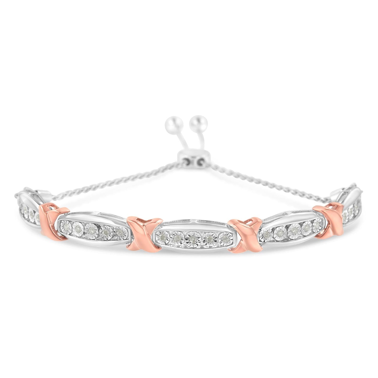 .925 Sterling Silver 1/4 CTTW Round-Cut Diamond X & Tapered Bar Miracle-Set Bolo Bracelet (I-J Color, I3 Clarity) – Two Tone Rose Gold & Silver