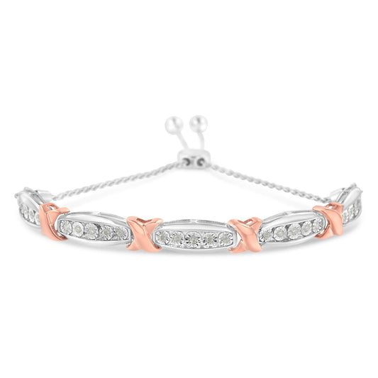 .925 Sterling Silver 1/4 CTTW Round-Cut Diamond X & Tapered Bar Miracle-Set Bolo Bracelet (I-J Color, I3 Clarity) – Two Tone Rose Gold & Silver