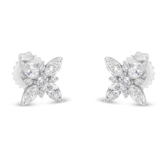 14K White Gold Marquise Diamond Flower Stud Earrings (1.00 CTTW, H-I Color, SI1-SI2 Clarity)