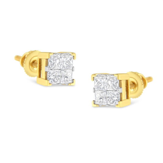 10K Yellow Gold 3/4 Cttw Invisible Set Princess-Cut Diamond Composite Square Stud Earrings (I-J Color, I2-I3 Clarity) x