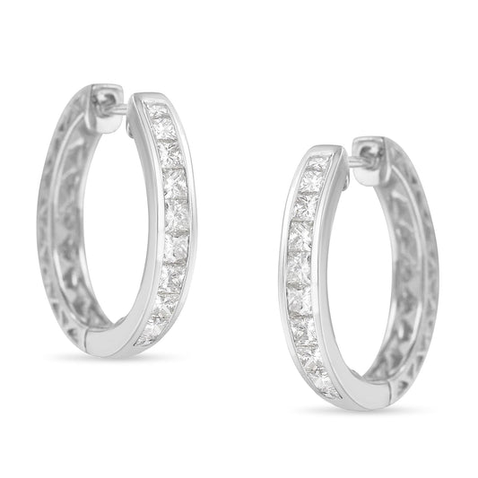 10K White Gold 1.0 CTTW Channel Set Princess-Cut Diamond Hoop Huggy Earrings (I-J Color, I2-I3 Clarity)