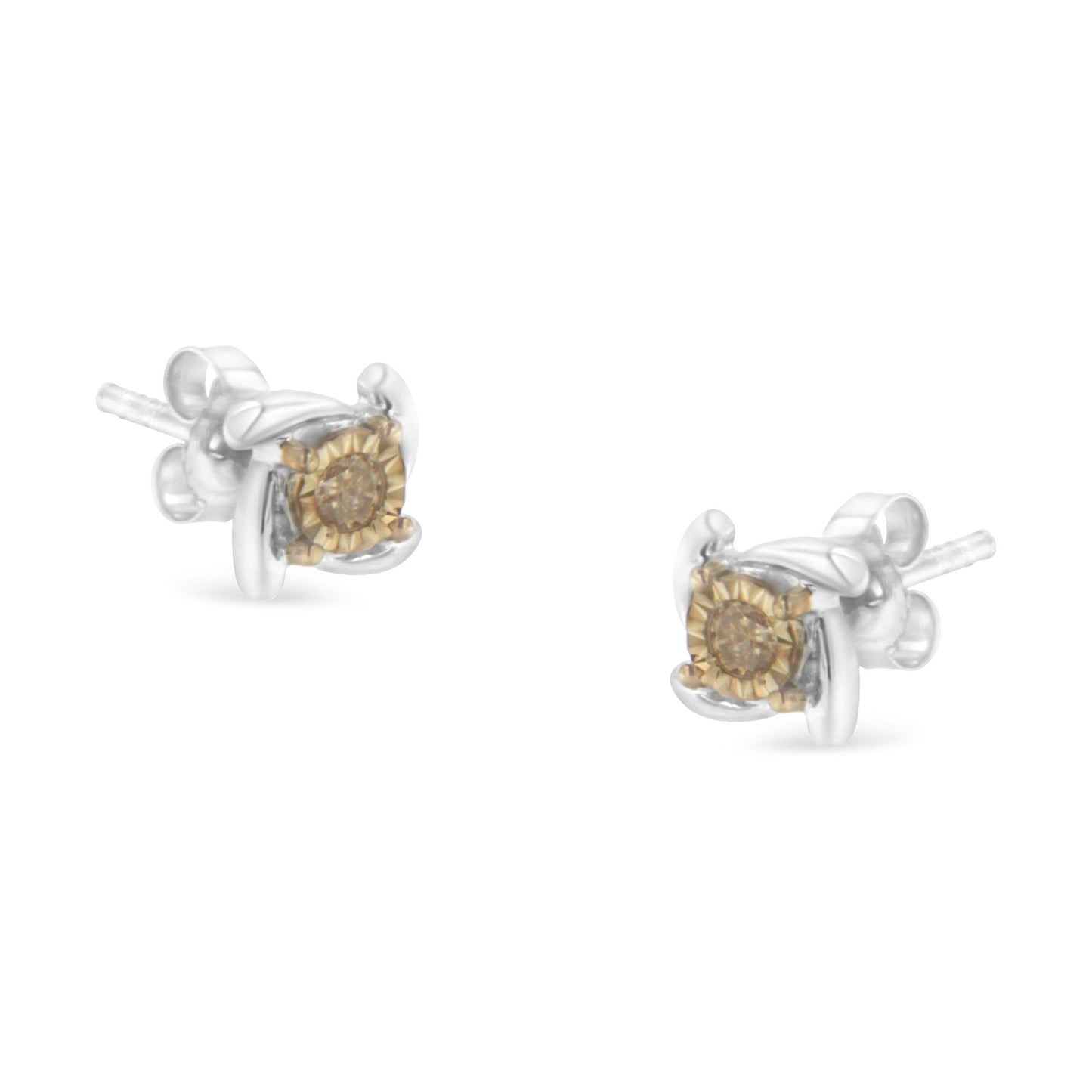 Two-Toned Sterling Silver 0.10 Cttw Champagne Diamond Stud Earrings (I2-I3 Clarity)