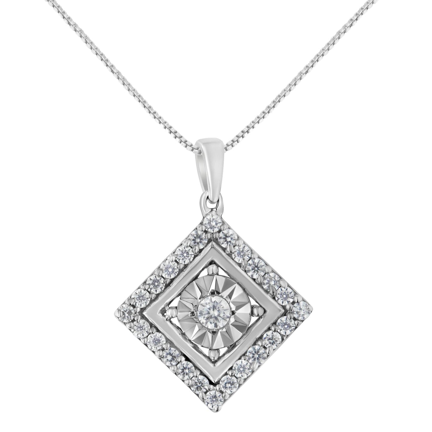 10KT White Gold 1/2 CTTW Diamond Square Pendant Necklace (I-J Color, I2-I3 Clarity)