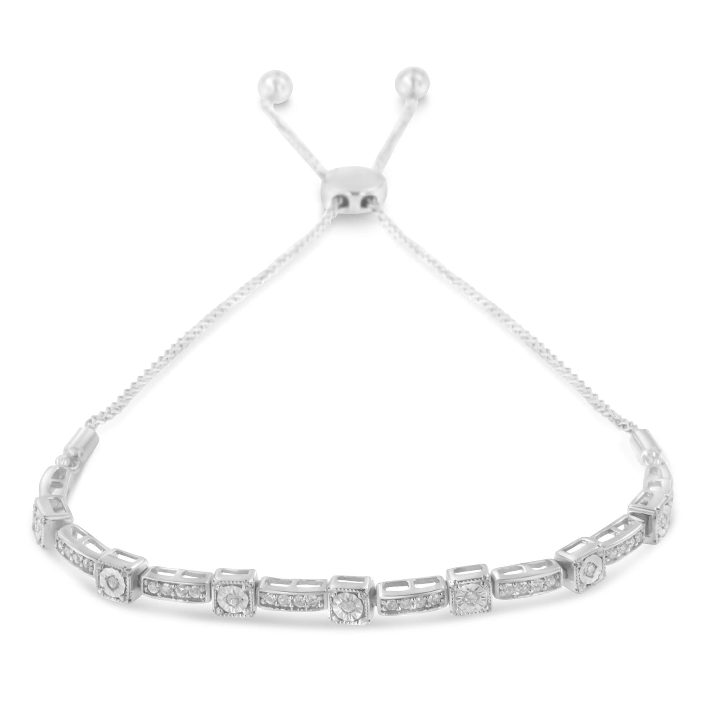 .925 Sterling Silver 1/4 Cttw Diamond 4”-10” Adjustable Bolo Alternating Square and Rectangle Bracelet (I-J Color, I3 Clarity)