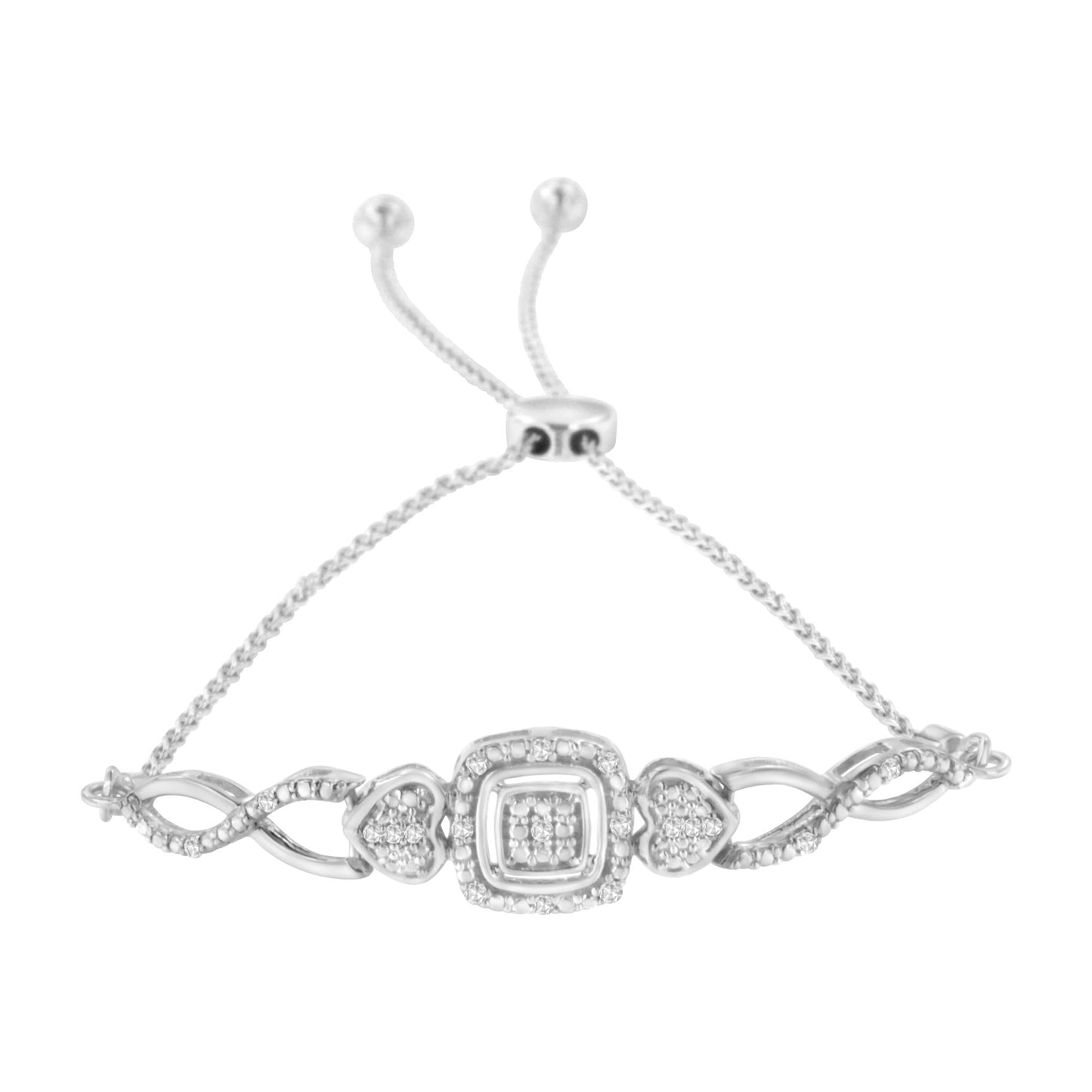 .925 Sterling Silver Diamond Cushion Frame Heart-Sides Twist 4”-10” Adjustable Bolo Tennis Bracelet (I-J Color, I3 Clarity)