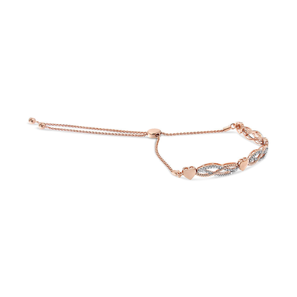 14K Rose Gold Plated .925 Sterling Silver Cttw Diamond Accent Layered Infinity Link and Heart Adjustable 4”-10” Bolo Bracelet (I-J Color, I3 Clarity)