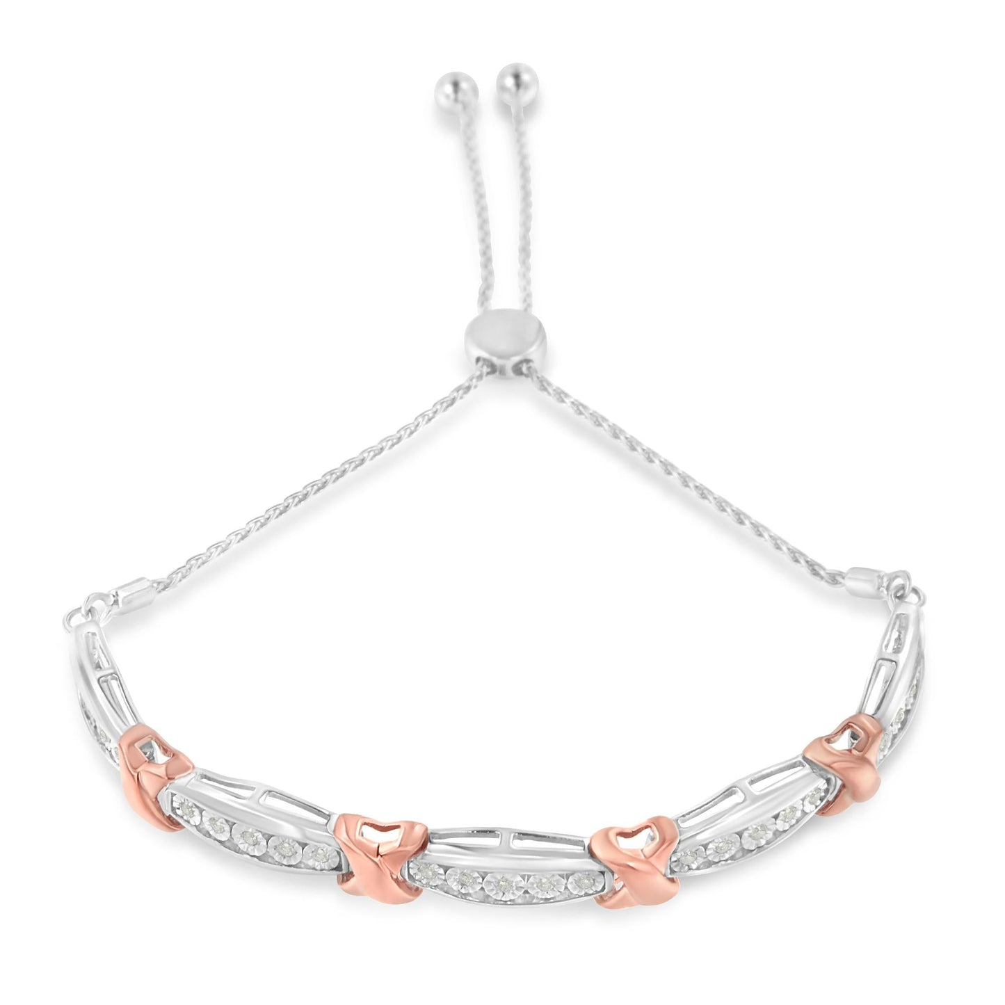 .925 Sterling Silver 1/4 CTTW Round-Cut Diamond X & Tapered Bar Miracle-Set Bolo Bracelet (I-J Color, I3 Clarity) – Two Tone Rose Gold & Silver