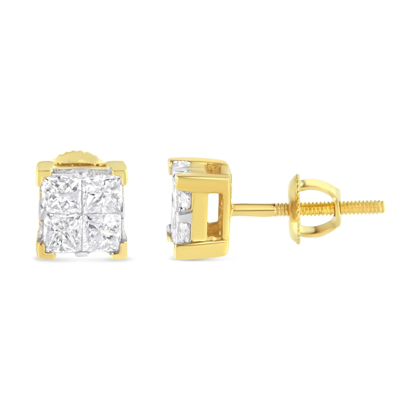 10K Yellow Gold 3/4 Cttw Invisible Set Princess-Cut Diamond Composite Square Stud Earrings (I-J Color, I2-I3 Clarity) x
