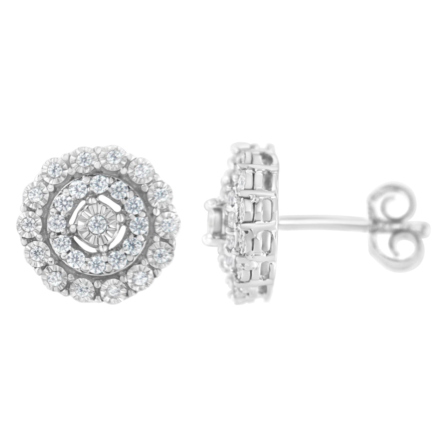 .925 Sterling Silver 1/2 Cttw Miracle-Set Diamond Double Halo Stud Earring (I-J Color, I3 Clarity)