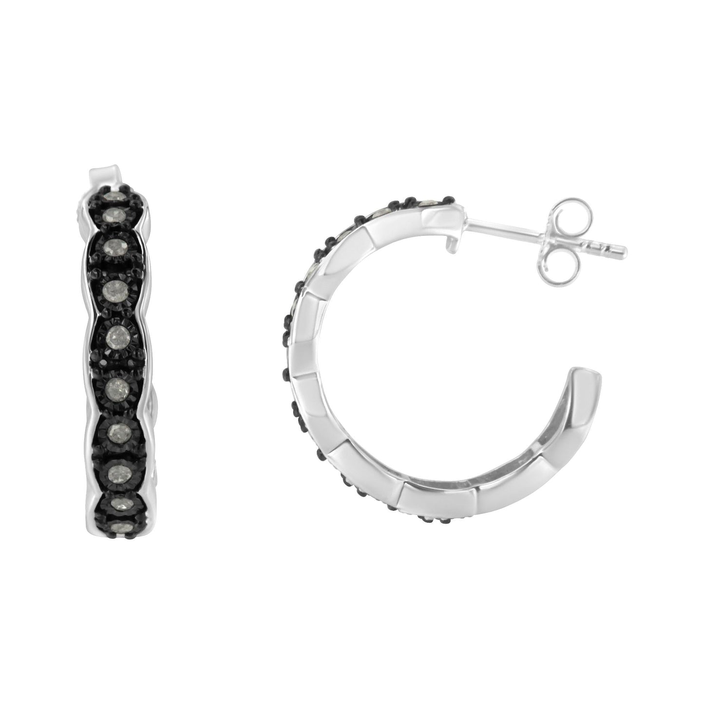 Black Rhodium and .925 Sterling Silver 1/4 CTTW Miracle Plate Set Diamond "C" Shape Hoop Earrings (I-J Color, I3 Clarity)
