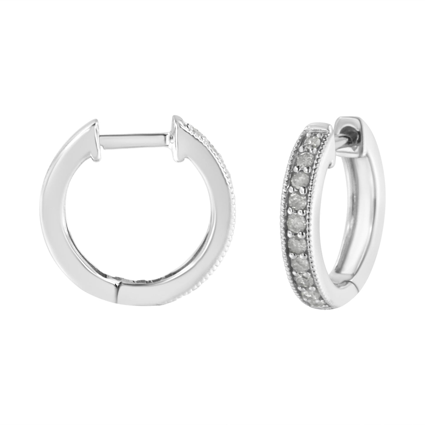 10K White Gold 1/4 Cttw Shared Prong Set Round-Cut Diamond Beaded Hoop Earrings (I-J Color, I3 Clarity)