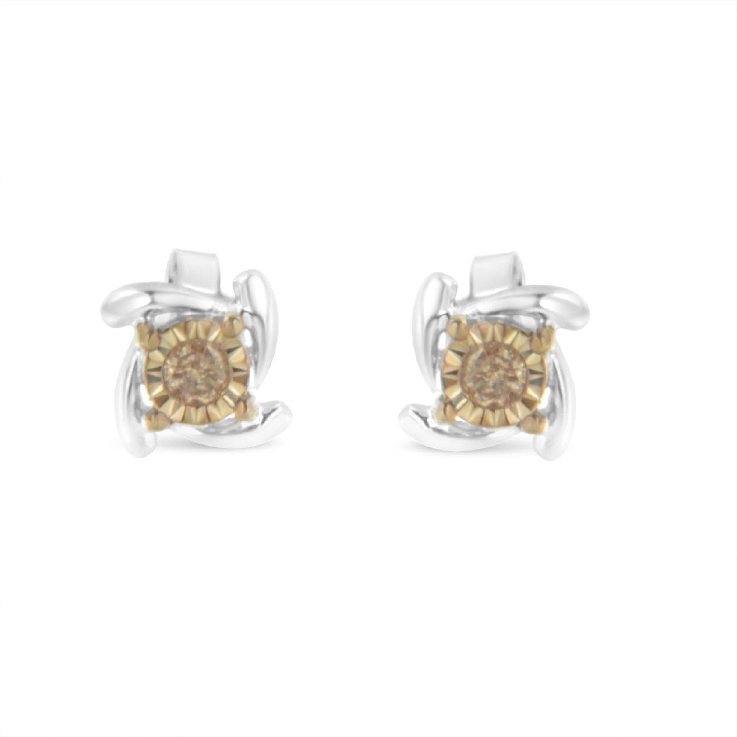Two-Toned Sterling Silver 0.10 Cttw Champagne Diamond Stud Earrings (I2-I3 Clarity)