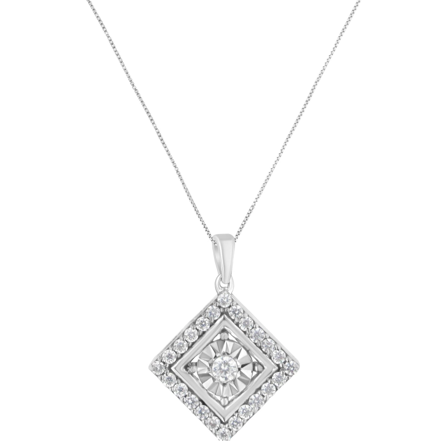 10KT White Gold 1/2 CTTW Diamond Square Pendant Necklace (I-J Color, I2-I3 Clarity)