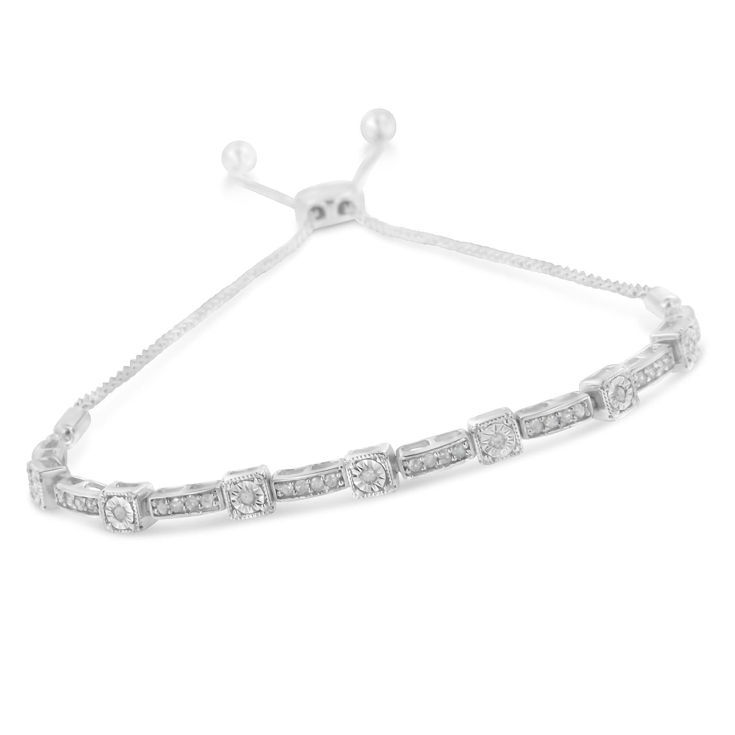 .925 Sterling Silver 1/4 Cttw Diamond 4”-10” Adjustable Bolo Alternating Square and Rectangle Bracelet (I-J Color, I3 Clarity)