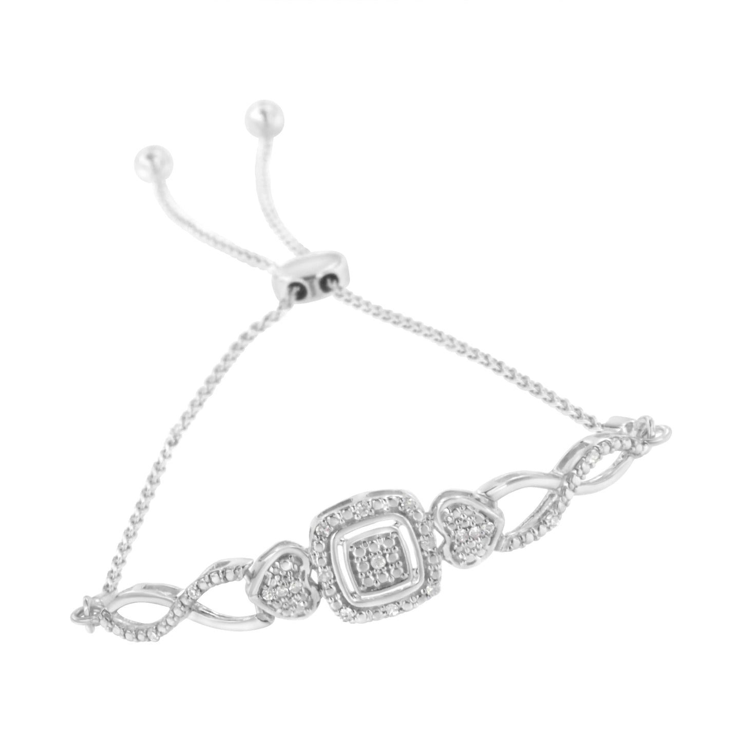 .925 Sterling Silver Diamond Cushion Frame Heart-Sides Twist 4”-10” Adjustable Bolo Tennis Bracelet (I-J Color, I3 Clarity)