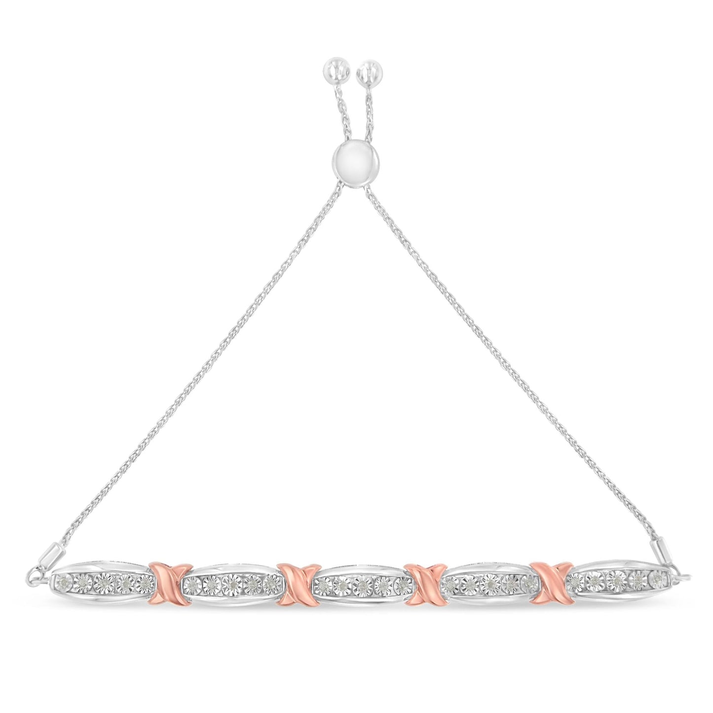 .925 Sterling Silver 1/4 CTTW Round-Cut Diamond X & Tapered Bar Miracle-Set Bolo Bracelet (I-J Color, I3 Clarity) – Two Tone Rose Gold & Silver