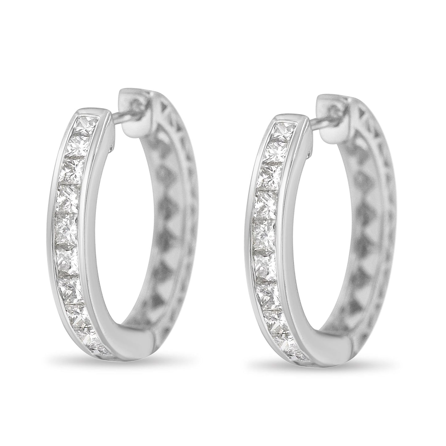 10K White Gold 1.0 CTTW Channel Set Princess-Cut Diamond Hoop Huggy Earrings (I-J Color, I2-I3 Clarity)