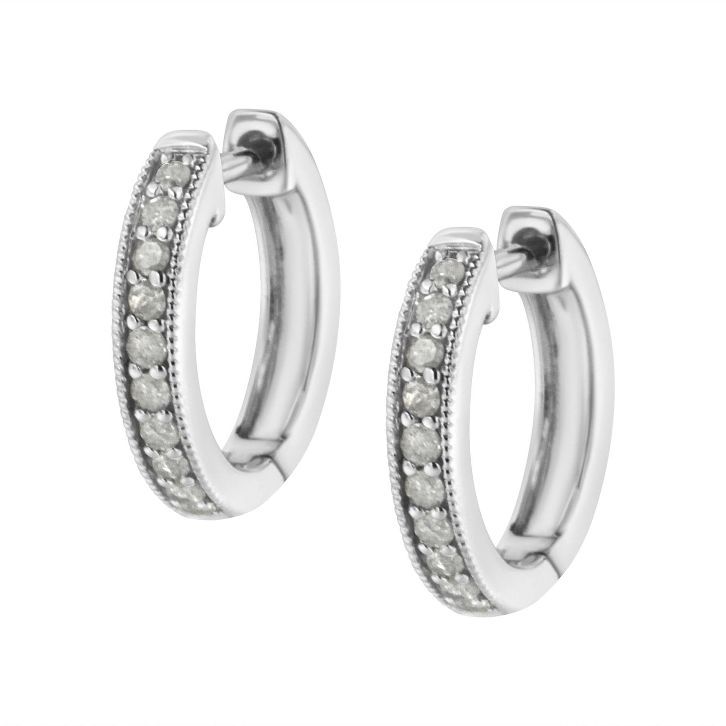 10K White Gold 1/4 Cttw Shared Prong Set Round-Cut Diamond Beaded Hoop Earrings (I-J Color, I3 Clarity)