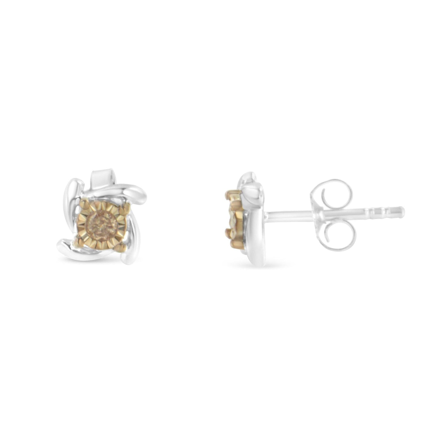Two-Toned Sterling Silver 0.10 Cttw Champagne Diamond Stud Earrings (I2-I3 Clarity)