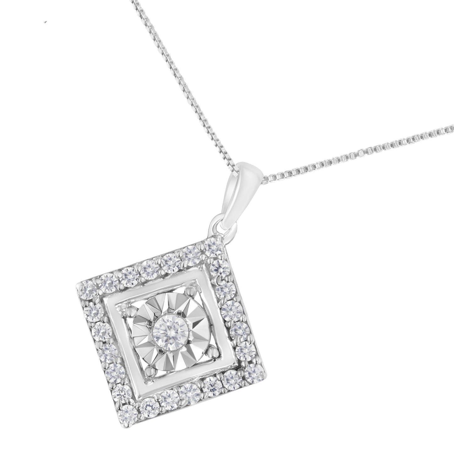 10KT White Gold 1/2 CTTW Diamond Square Pendant Necklace (I-J Color, I2-I3 Clarity)