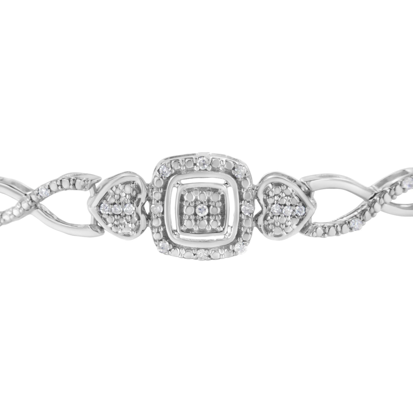 .925 Sterling Silver Diamond Cushion Frame Heart-Sides Twist 4”-10” Adjustable Bolo Tennis Bracelet (I-J Color, I3 Clarity)