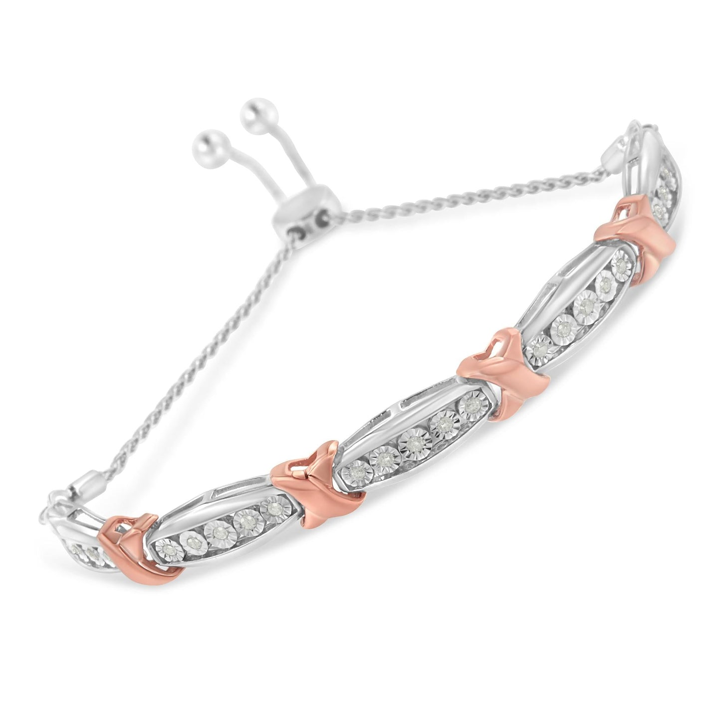 .925 Sterling Silver 1/4 CTTW Round-Cut Diamond X & Tapered Bar Miracle-Set Bolo Bracelet (I-J Color, I3 Clarity) – Two Tone Rose Gold & Silver
