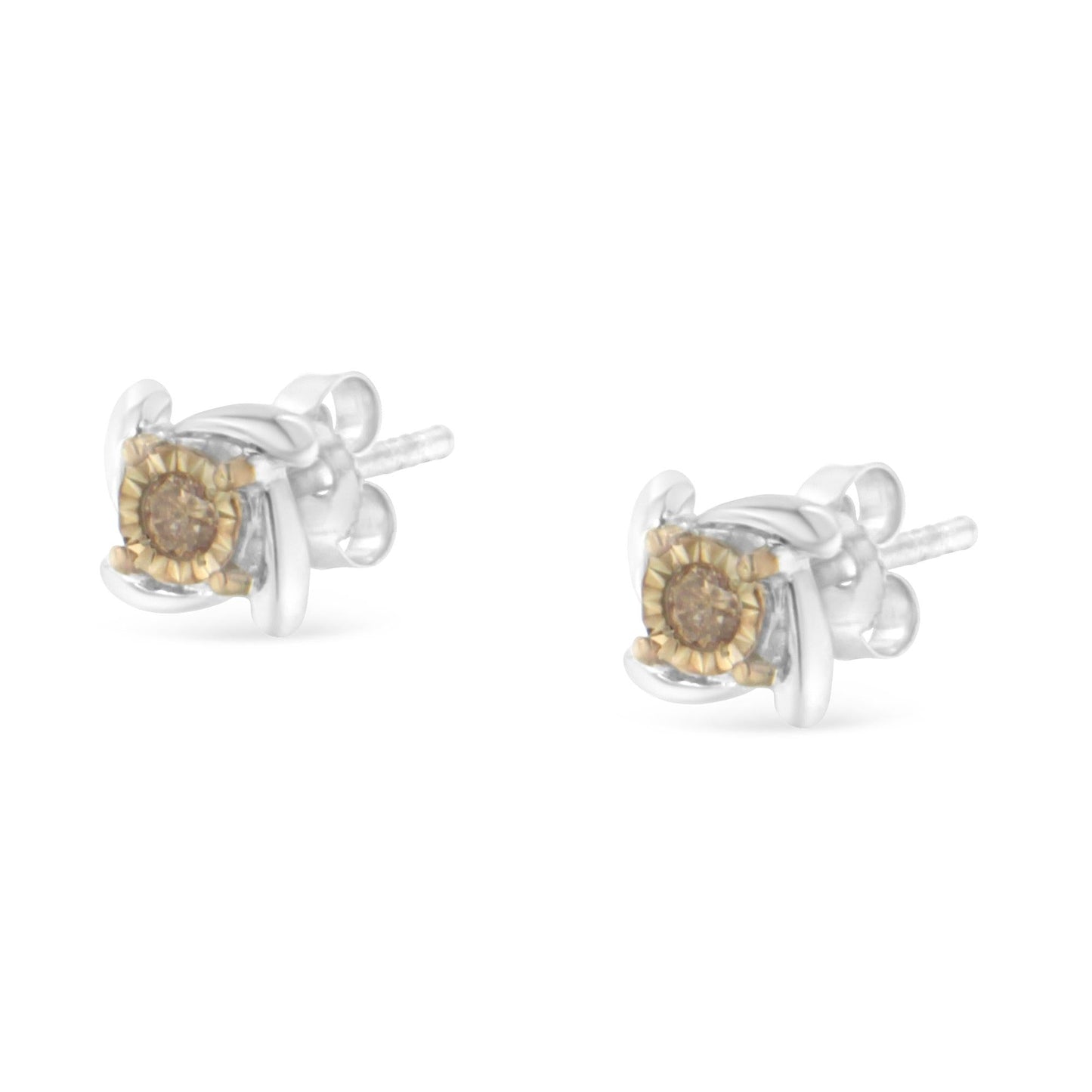Two-Toned Sterling Silver 0.10 Cttw Champagne Diamond Stud Earrings (I2-I3 Clarity)