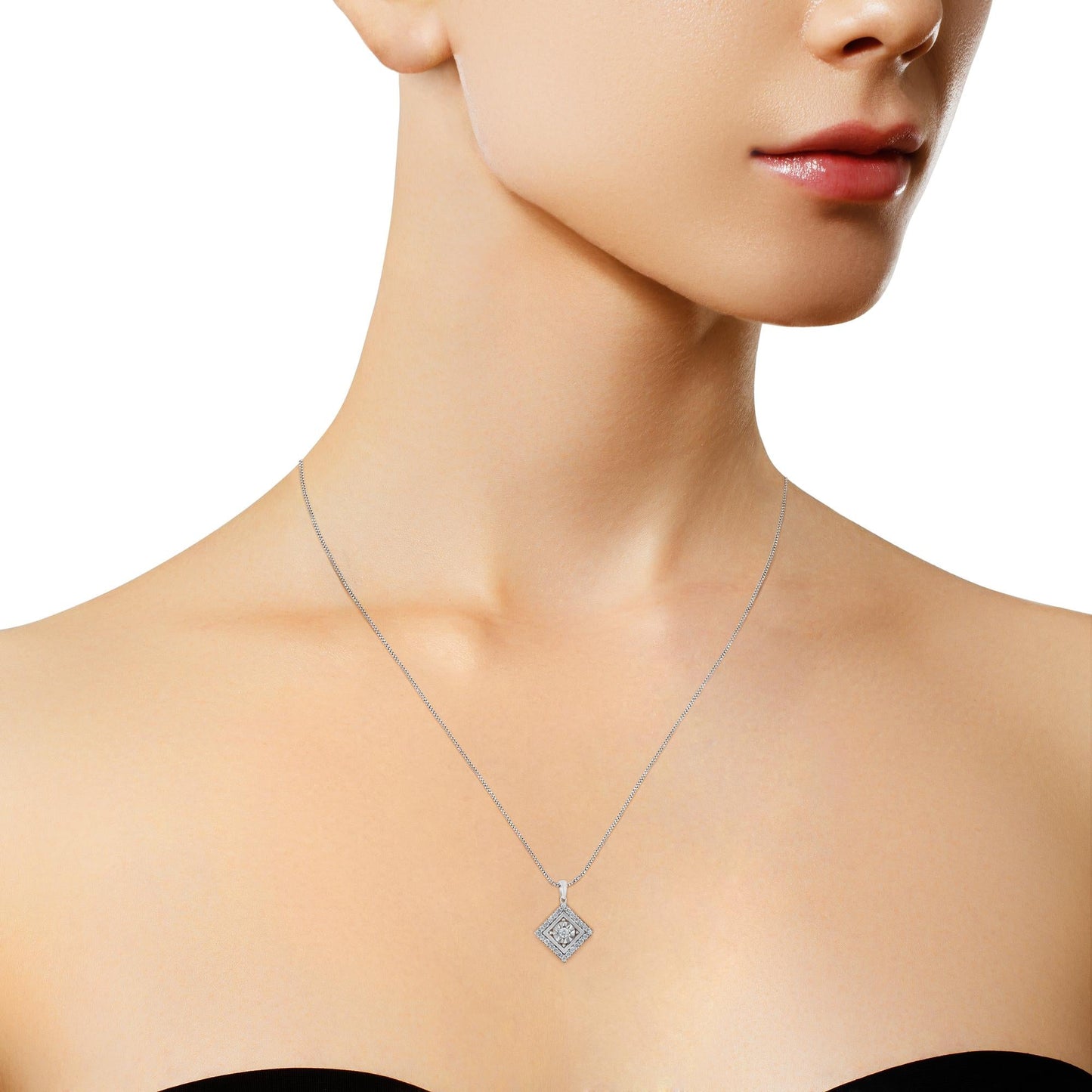 10KT White Gold 1/2 CTTW Diamond Square Pendant Necklace (I-J Color, I2-I3 Clarity)
