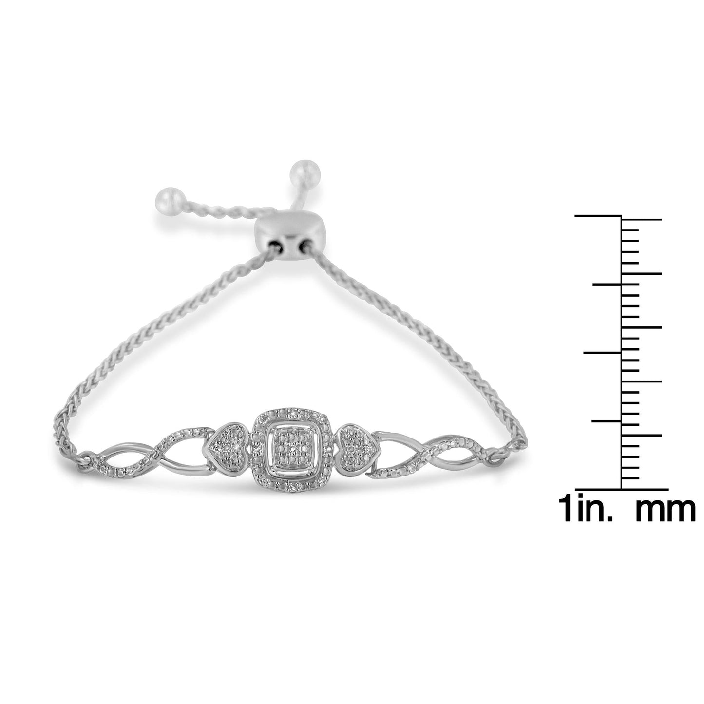 .925 Sterling Silver Diamond Cushion Frame Heart-Sides Twist 4”-10” Adjustable Bolo Tennis Bracelet (I-J Color, I3 Clarity)