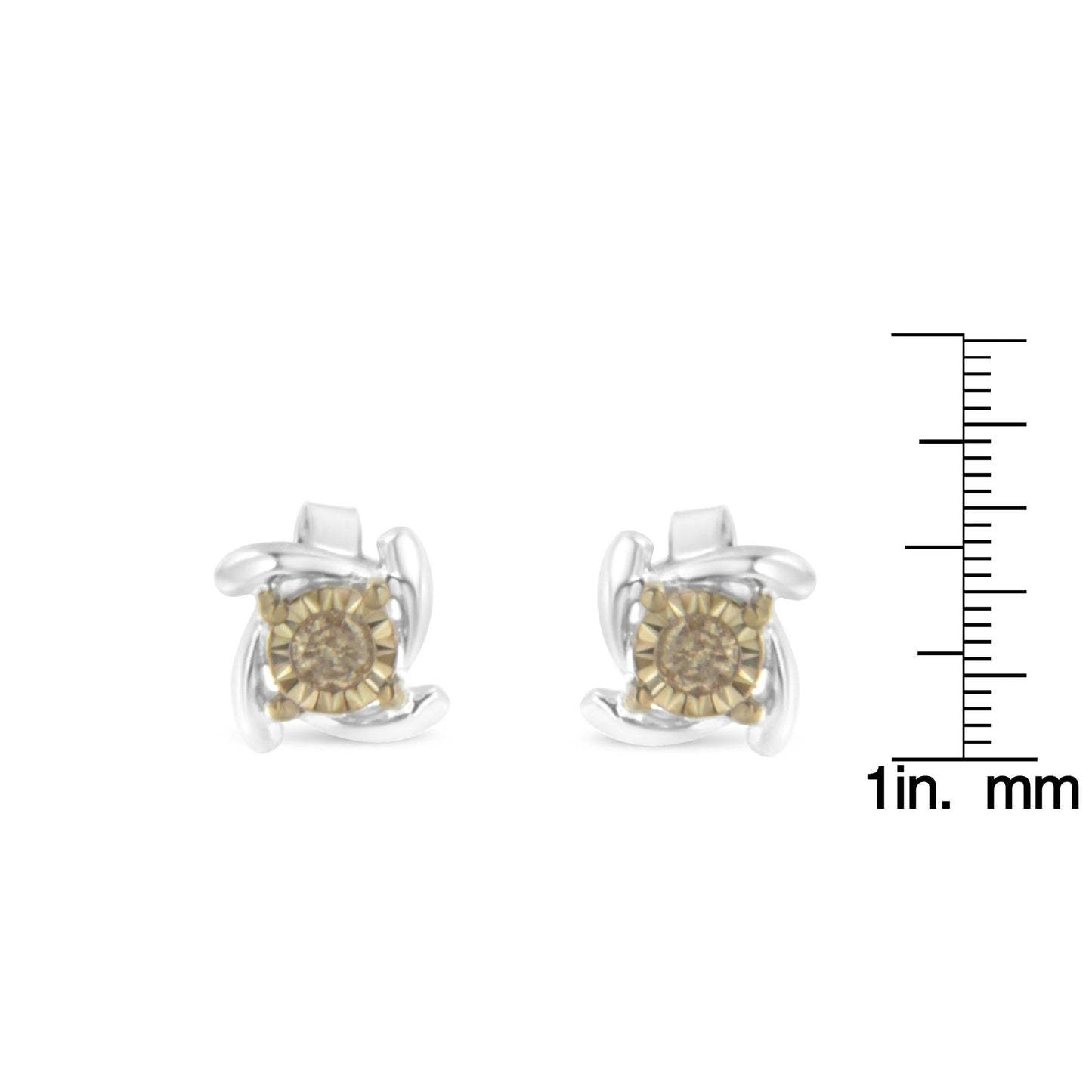 Two-Toned Sterling Silver 0.10 Cttw Champagne Diamond Stud Earrings (I2-I3 Clarity)