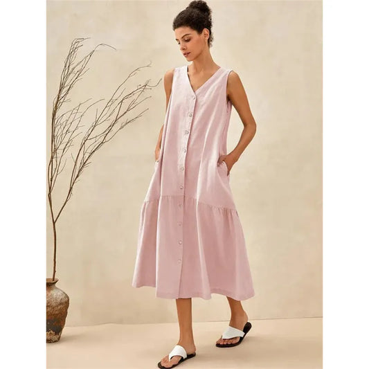 Women’s Sleeveless V-Neck Linen Blend Midi Dress
