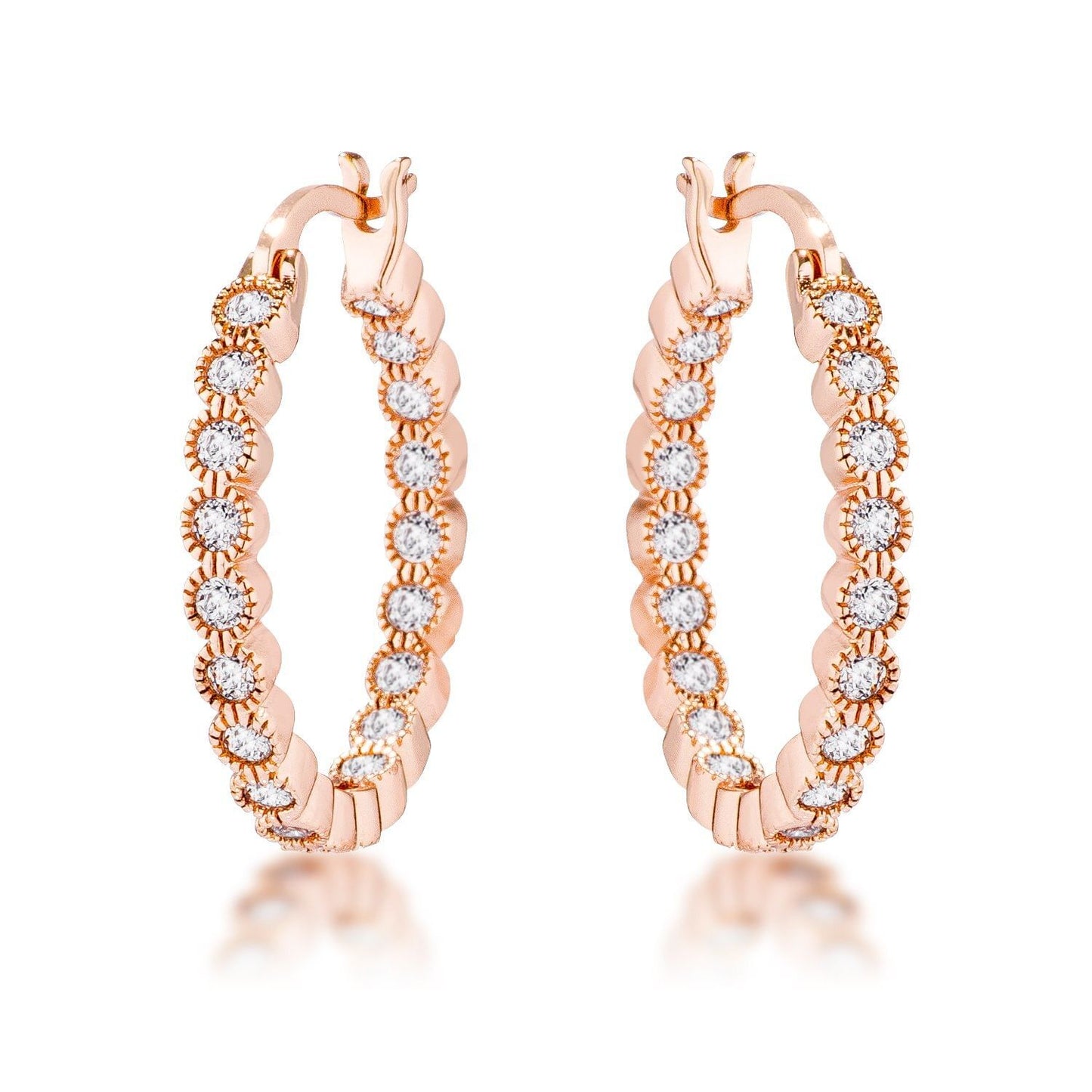 Rose Gold Plated Dotted Clear CZ Round Bezel Hoop Earrings