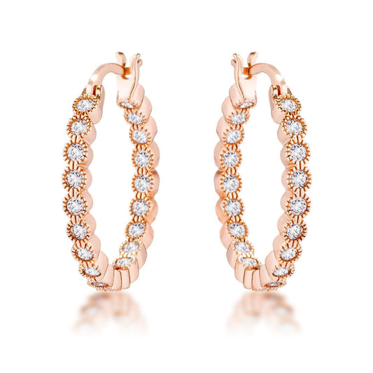 Rose Gold Plated Dotted Clear CZ Round Bezel Hoop Earrings