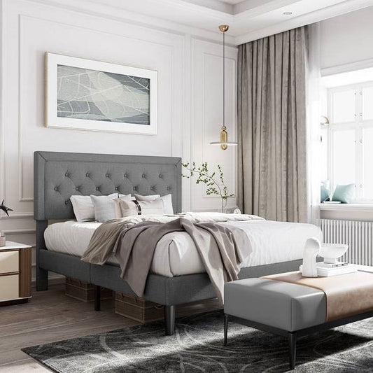 Full size Dark Grey Fabric Upholstered Platform Bed Frame with Tufted Headboard