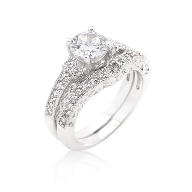 Art Deco Round Cut Bridal Set - 4.9ct Rhodium Wedding Ring