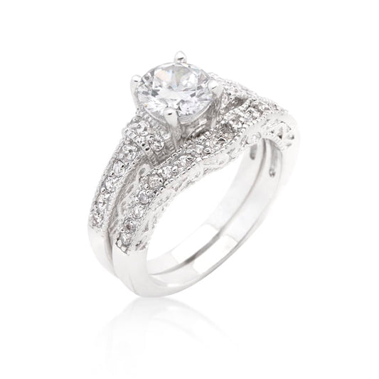 Art Deco Round Cut Bridal Set - 4.9ct Rhodium Wedding Ring