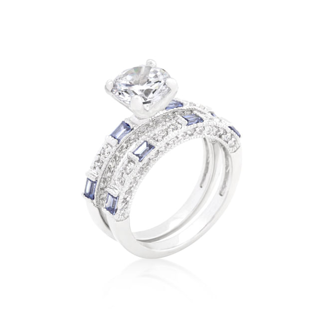 Clear and Tanzanite Cubic Zirconia Ring Set – Rhodium Bridal Band