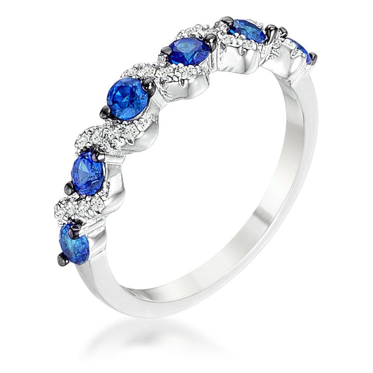 .18Ct Rhodium & Hematite Plated S-Shape Sapphire Blue & Clear CZ Half Eternity Band